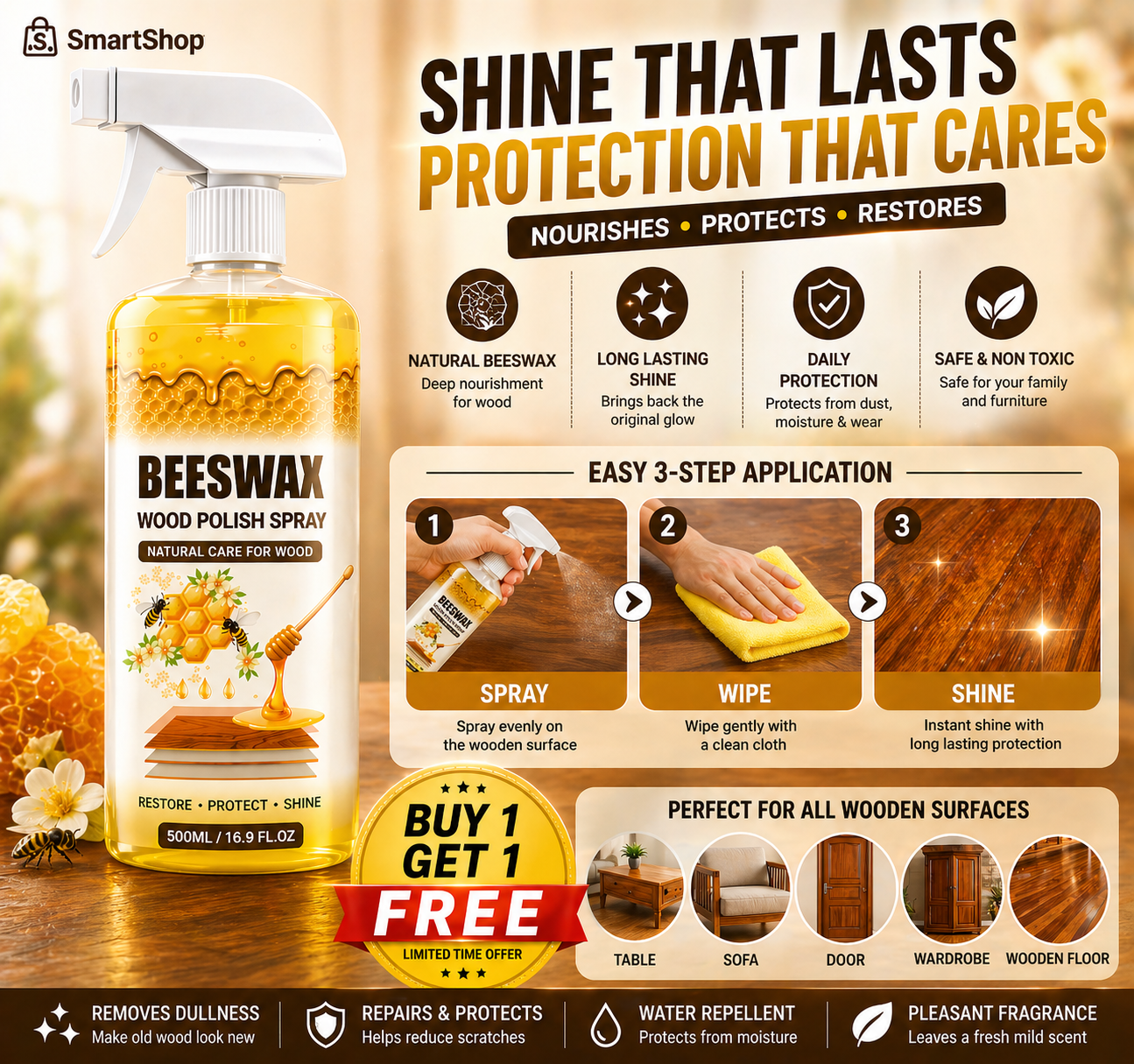 Beeswax Wood Polish Spray | Restore Shine , Protect Furniture | BUY 1 GET 2 FREE
