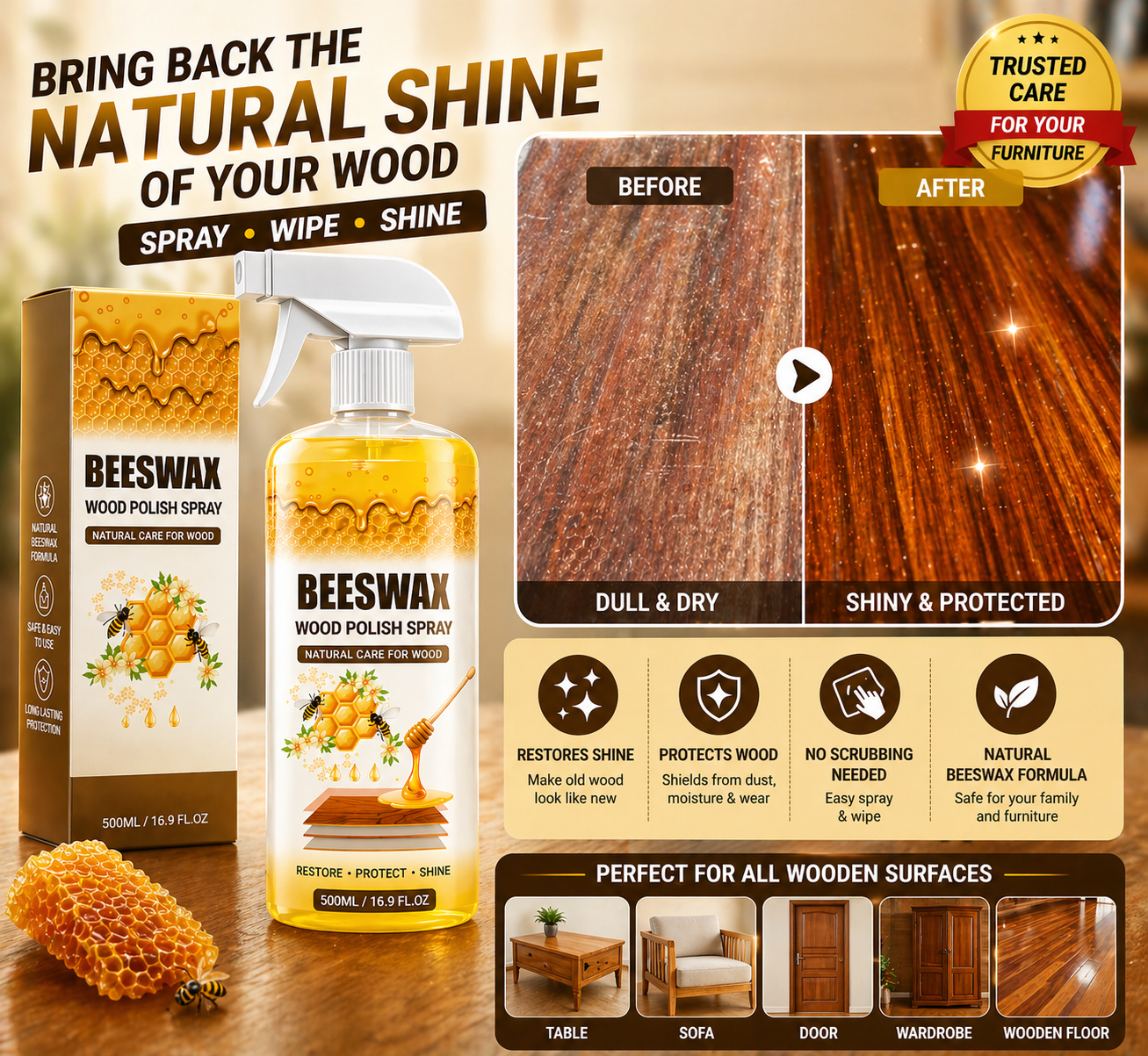 Beeswax Wood Polish Spray | Restore Shine , Protect Furniture | BUY 1 GET 2 FREE