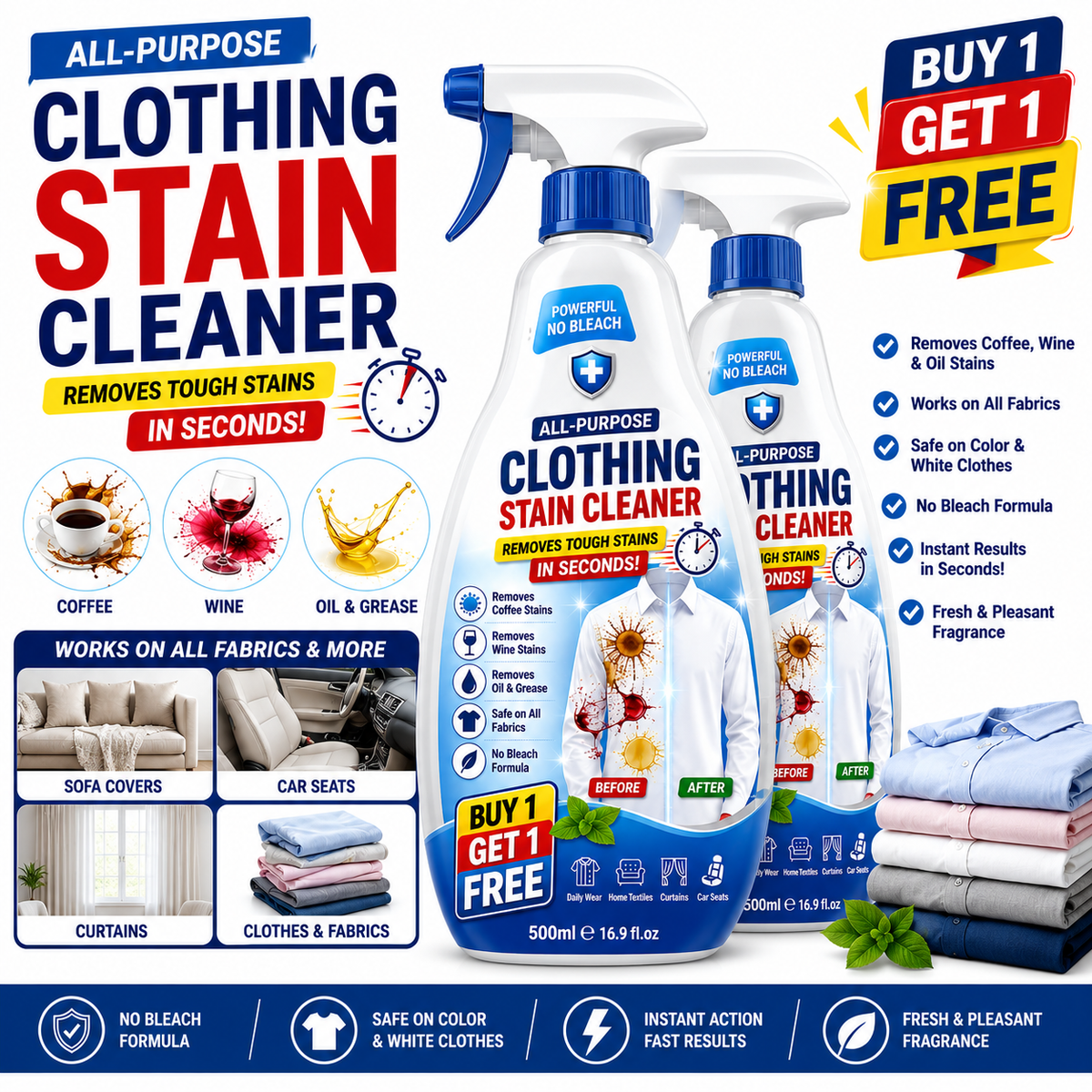 Powerful All Textile Cleaner For All Color Fabric Stain Remover Spray BUY 1 GET 1 FREE