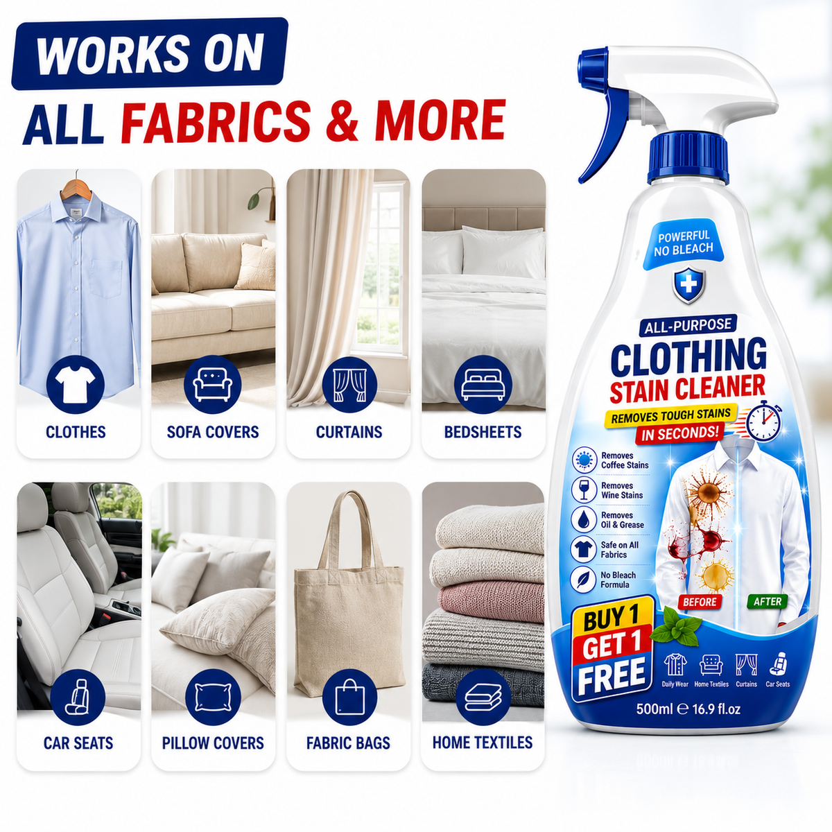 Powerful All Textile Cleaner For All Color Fabric Stain Remover Spray BUY 1 GET 1 FREE