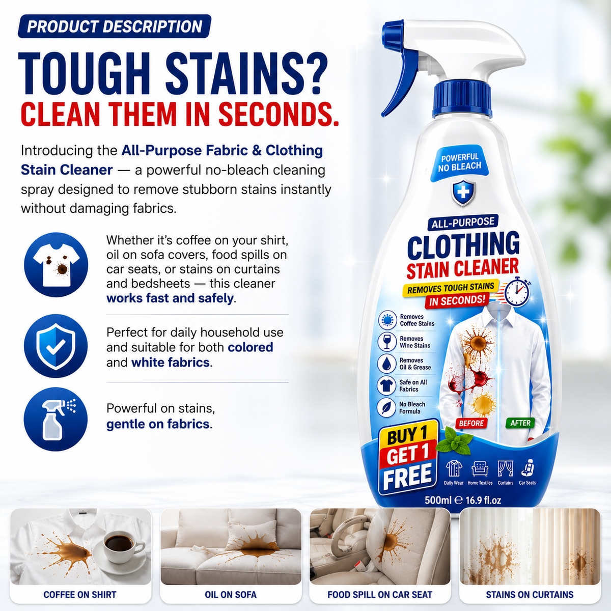 Powerful All Textile Cleaner For All Color Fabric Stain Remover Spray BUY 1 GET 1 FREE