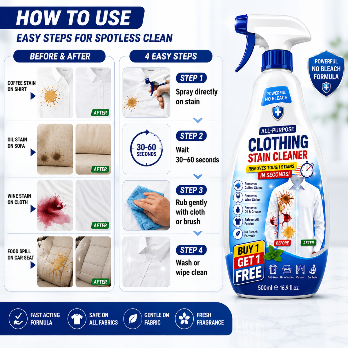 Powerful All Textile Cleaner For All Color Fabric Stain Remover Spray BUY 1 GET 1 FREE