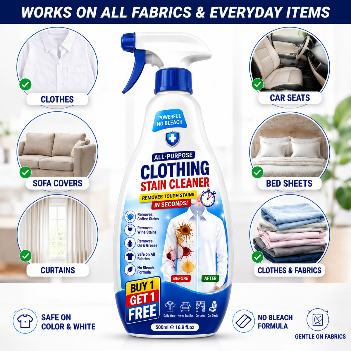 Powerful All Textile Cleaner For All Color Fabric Stain Remover Spray BUY 1 GET 1 FREE